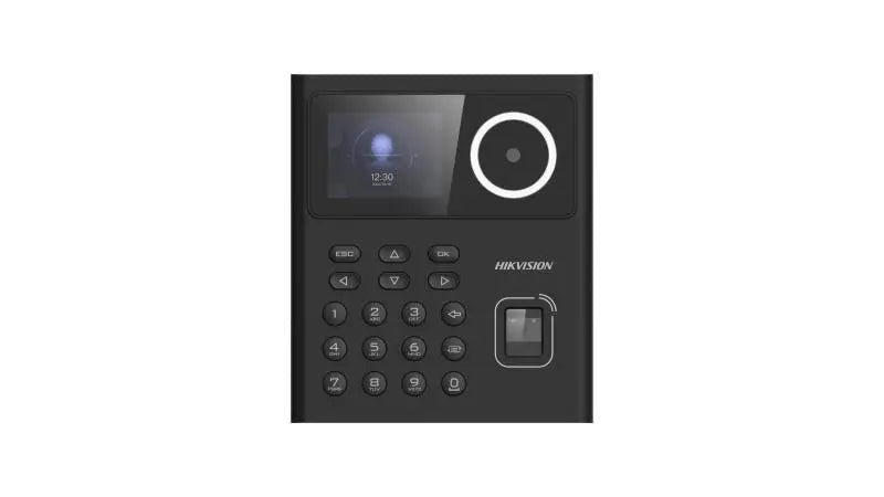 Hikvision DS-K1T320MFWX face recognition access terminal with fingerprint, card and PIN — front view