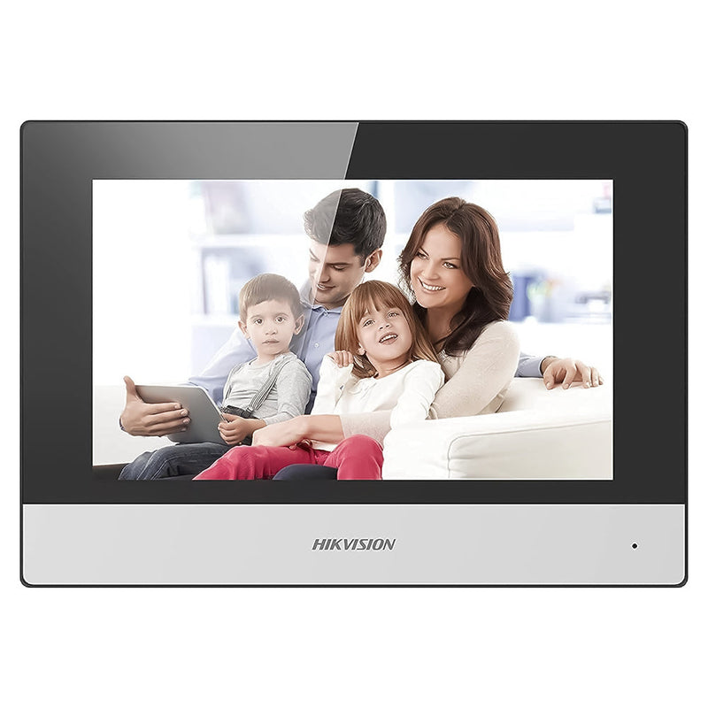 Hikvision DS-KH6320-WTE1 indoor intercom monitor, angled view
