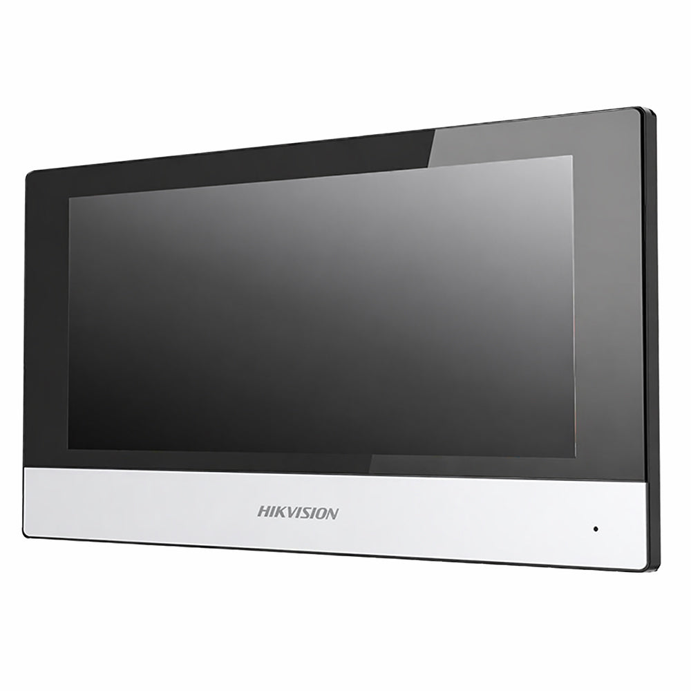 Hikvision DS-KH6320-WTE1 indoor intercom monitor, side and mounting detail